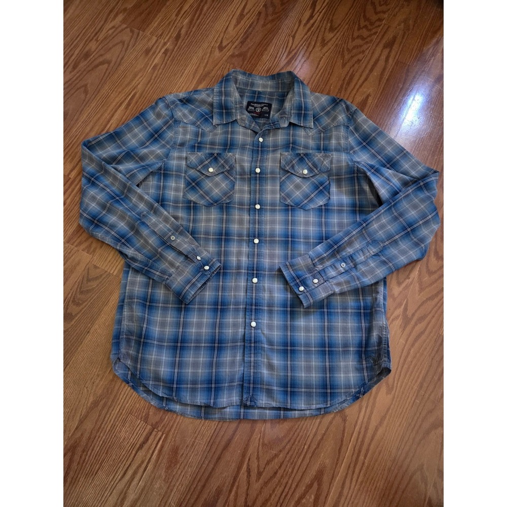 American Eagle Mens Large Blue Plaid Western Snap Button Down Shirt Vintage Fit